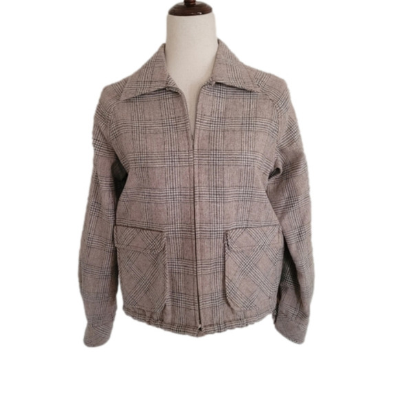 Vintage Plaid Cream Brown Lightweight Zip Up Jacket Size Medium - Picture 1 of 13